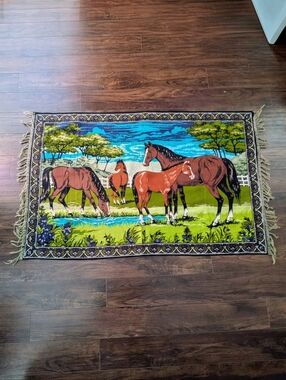 EUC Large 70s 54"x35" Vintage Turkish Herd of Horses Tapestry with Fringed Ends